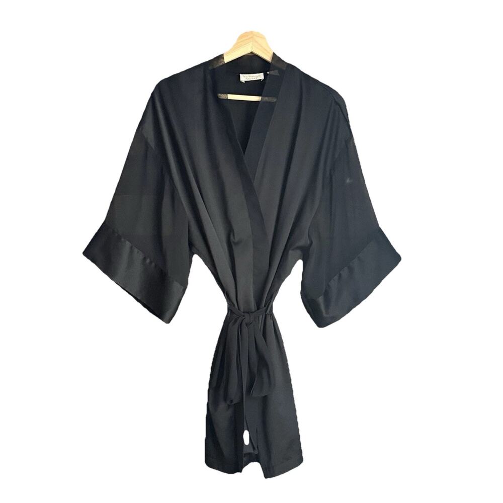 Victoria Secret Gold Label OS Black Sheer Chiffon Satin Trim VTG Belted Robe
